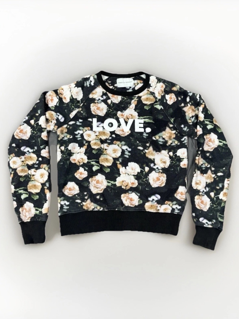 Rebecca Minkoff Floral Rose LOVE  Black Pullover Sweatshirt XS
